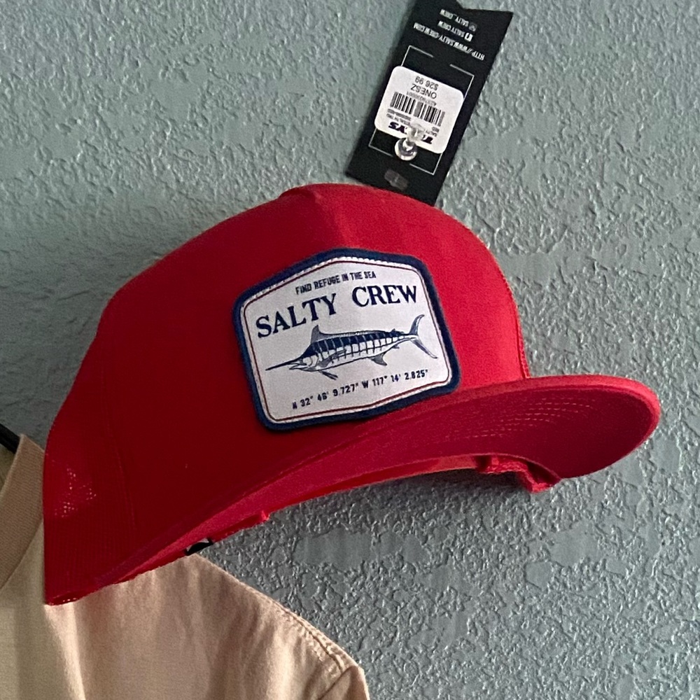 Salty crew cap, shirt to match in the closet as well.